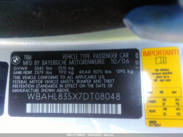 2007 BMW 7 SERIES 750I VIN: WBAHL835X7DT08048