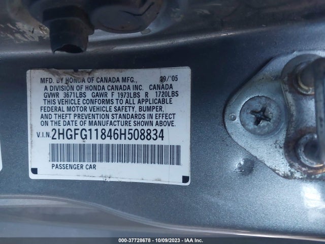 2006 HONDA CIVIC CPE EX VIN: 2HGFG11846H508834