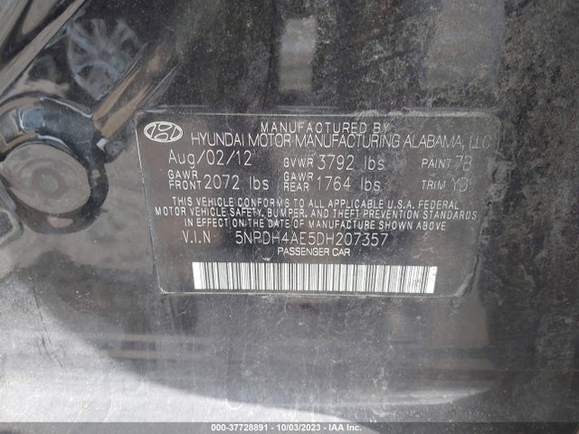 2013 HYUNDAI ELANTRA LIMITED VIN: 5NPDH4AE5DH207357