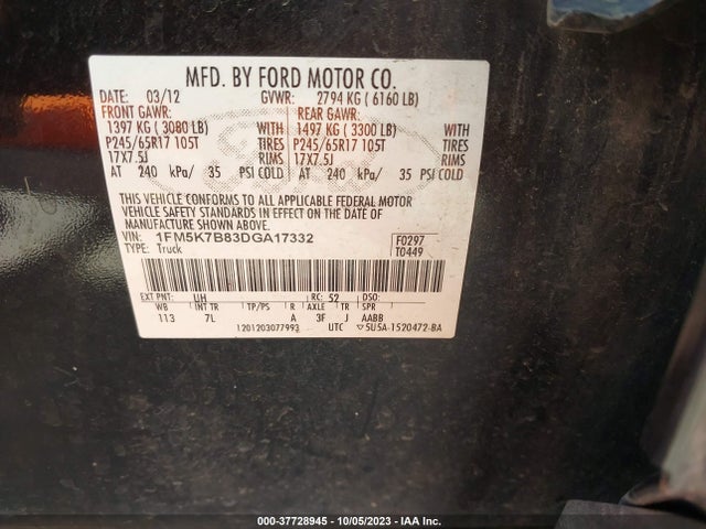 2013 FORD EXPLORER BASE VIN: 1FM5K7B83DGA17332
