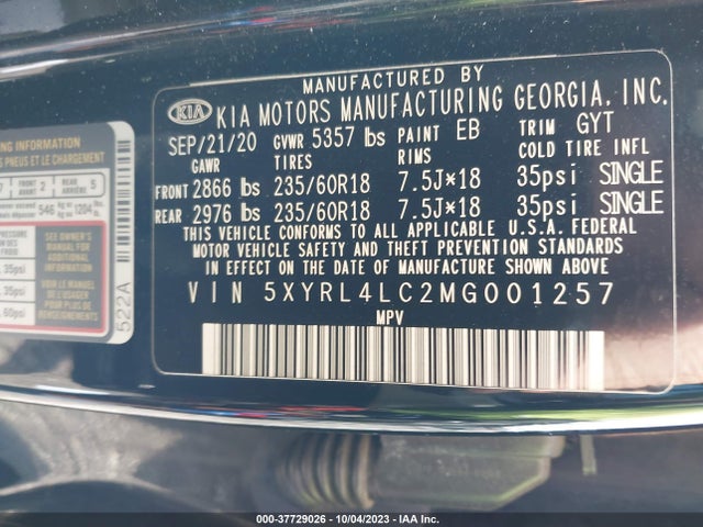 2021 KIA SORENTO S VIN: 5XYRL4LC2MG001257