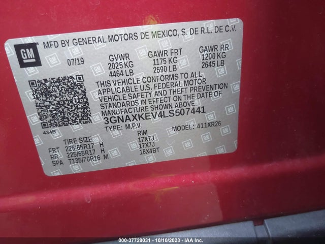2020 CHEVROLET EQUINOX LT VIN: 3GNAXKEV4LS507441