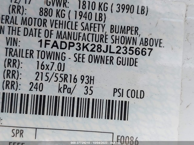 2018 FORD FOCUS SE VIN: 1FADP3K28JL235667