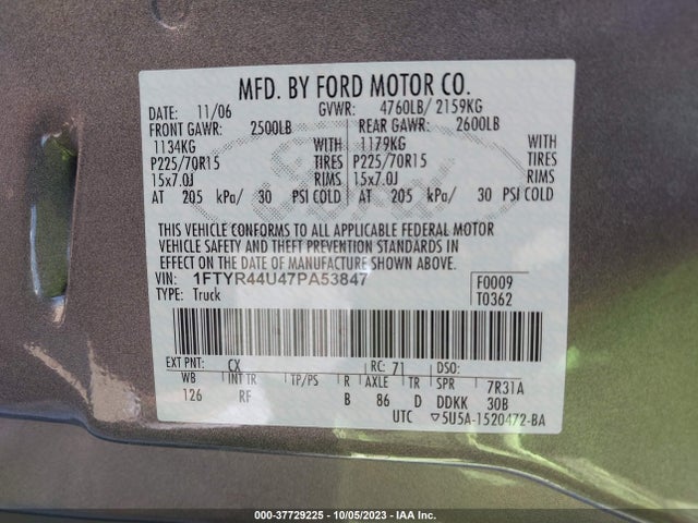 2007 FORD RANGER STX/XLT/SPORT VIN: 1FTYR44U47PA53847