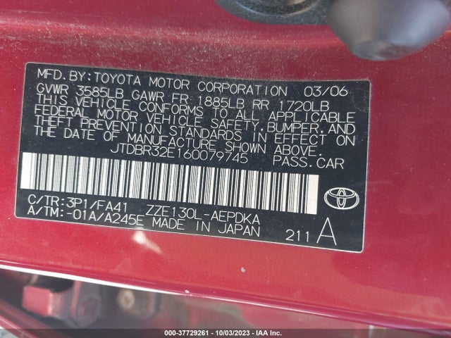2006 TOYOTA COROLLA CE/LE VIN: JTDBR32E160079745