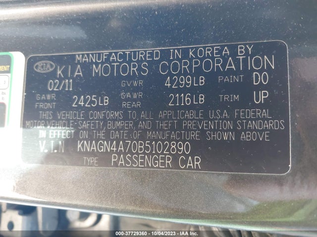 2011 KIA OPTIMA EX VIN: KNAGN4A70B5102890