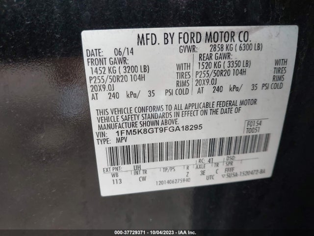2015 FORD EXPLORER SPORT VIN: 1FM5K8GT9FGA18295