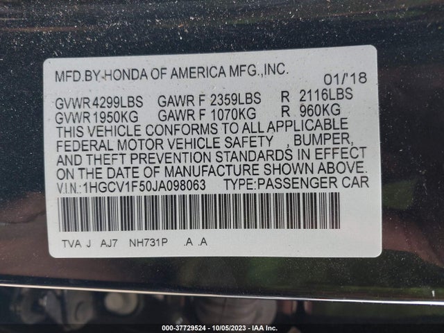 Honda Accord Ex-l 2018 1HGCV1F50JA098063 Image 9