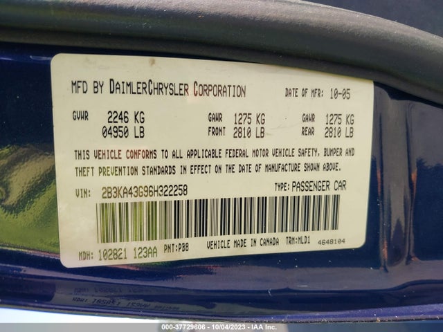 2006 DODGE CHARGER VIN: 2B3KA43G96H322258