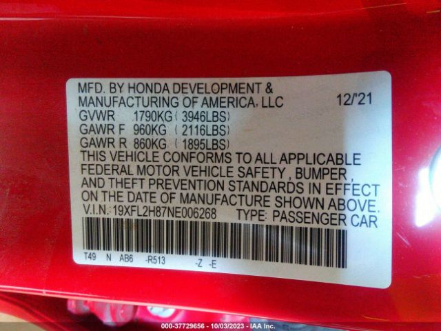 19XFL2H87NE006268 Honda Civic Hatchback Sport