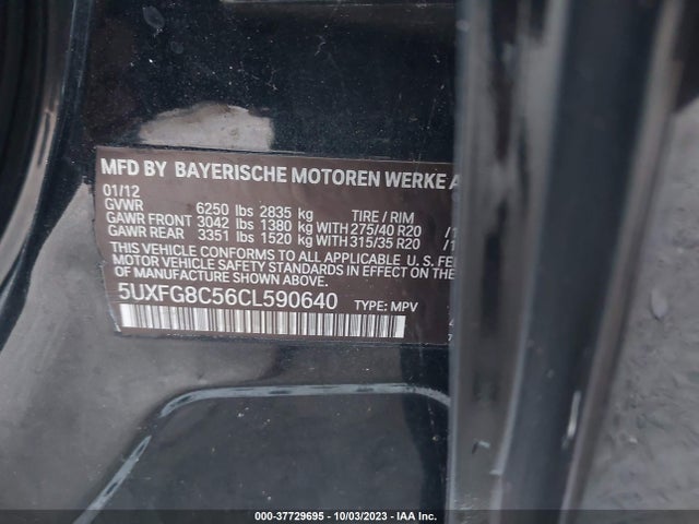 2012 BMW X6 50I VIN: 5UXFG8C56CL590640
