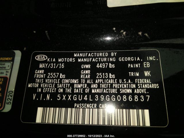 5XXGU4L39GG086837 KIA OPTIMA EX