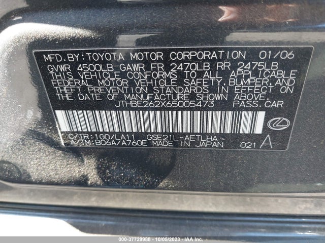 2006 LEXUS IS 350 AUTO VIN: JTHBE262X65005473