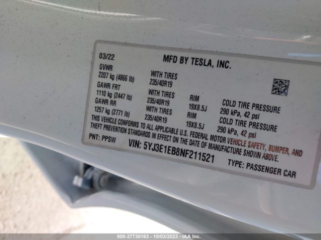 5YJ3E1EB8NF211521 Tesla Model 3 Long Range
