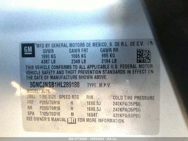 Chevrolet TRAX LS 2017 3GNCJNSB1HL289188 Image 9