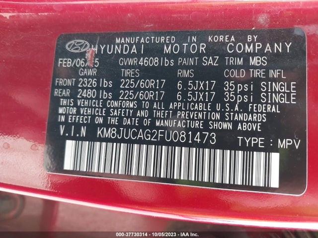 Hyundai TUCSON SE 2015 KM8JUCAG2FU081473 Image 9