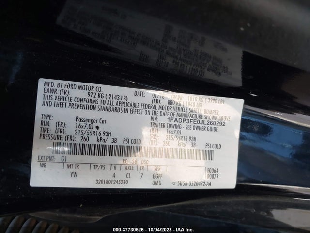 2018 FORD FOCUS SE VIN: 1FADP3FE0JL260292