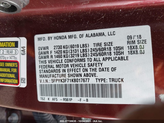 Honda Ridgeline Rtl-e 2019 5FPYK3F71KB017677 Image 9