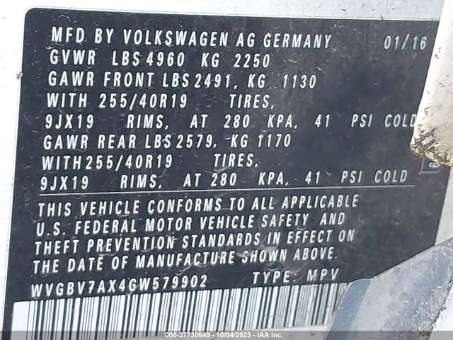 WVGBV7AX4GW579902 Volkswagen Tiguan Sel