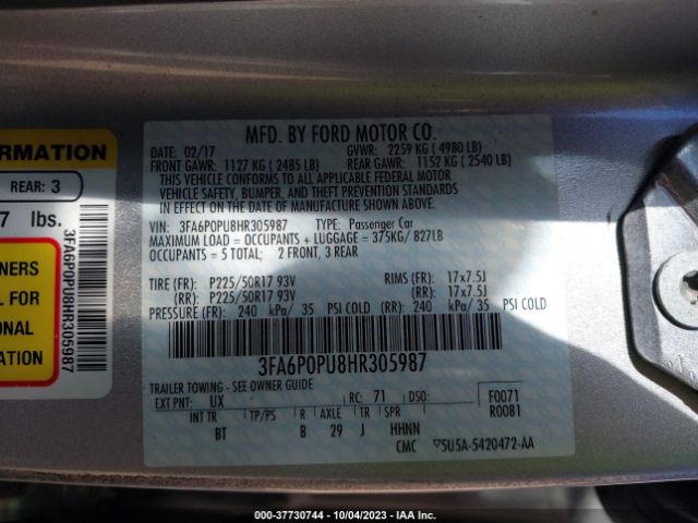 3FA6P0PU8HR305987 Ford Fusion Energi Se