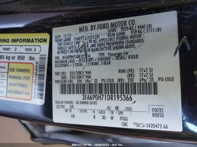 2013 FORD FUSION SE VIN: 3FA6P0H71DR195366