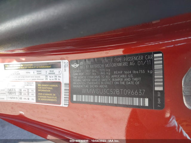 2011 MINI COOPER HARDTOP WMWSU3C52BT096637 Photo 8