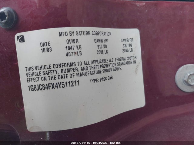 2004 SATURN L-SERIES L300 1 VIN: 1G8JC84FX4Y511211