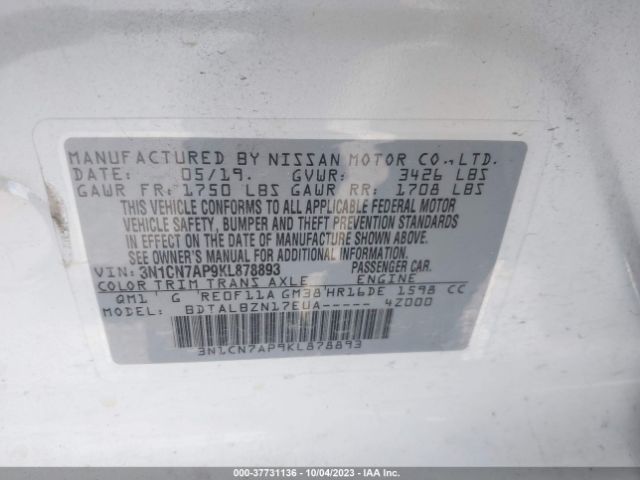 3N1CN7AP9KL878893 Nissan Versa 1.6 Sv
