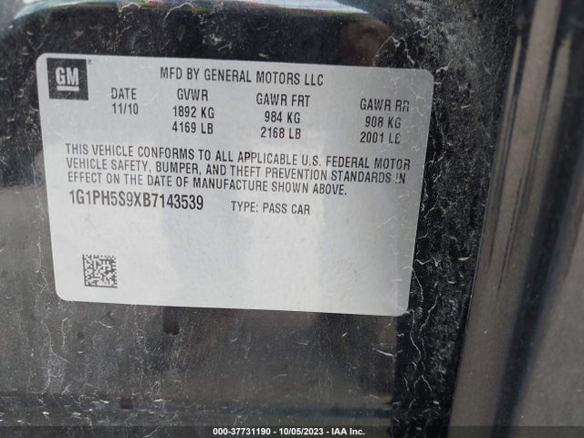 37731190 :رقم المزاد ، 1G1PH5S9XB7143539 vin ، 2011 Chevrolet Cruze Ltz مزاد بيع