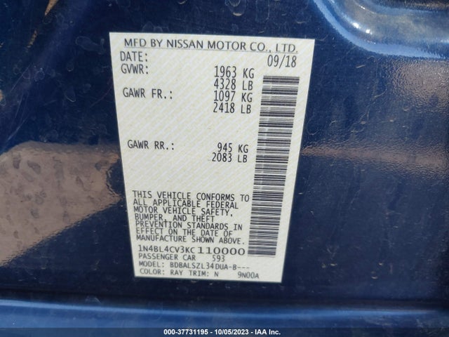 Nissan Altima 2.5 Sr 2019 1N4BL4CV3KC110000 Image 9