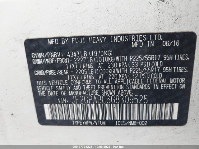 2016 SUBARU CROSSTREK PREMIUM VIN: JF2GPABC6G8309525