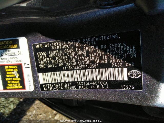 2014 TOYOTA AVALON XLE VIN: 4T1BK1EB2EU103581