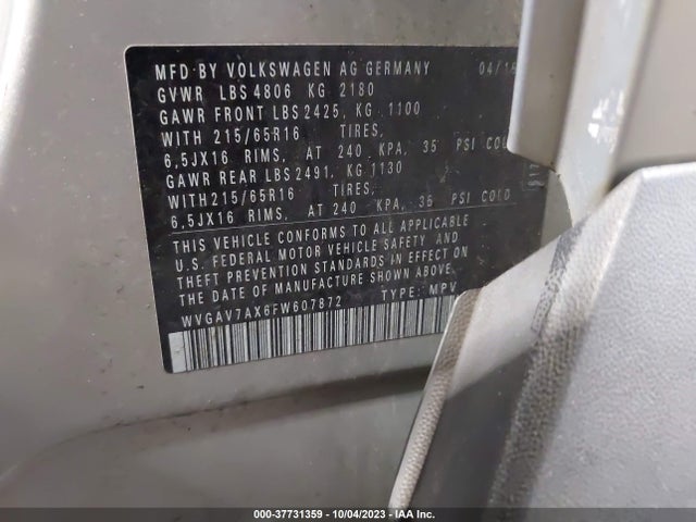 WVGAV7AX6FW607872 Volkswagen TIGUAN S