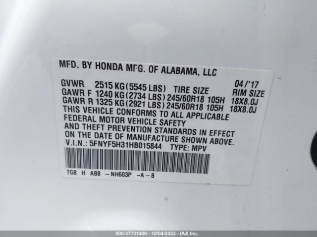 5FNYF5H31HB015844 Honda Pilot Ex