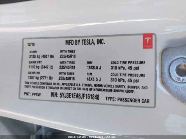 5YJ3E1EA6JF161848 Tesla Model 3 Range Battery