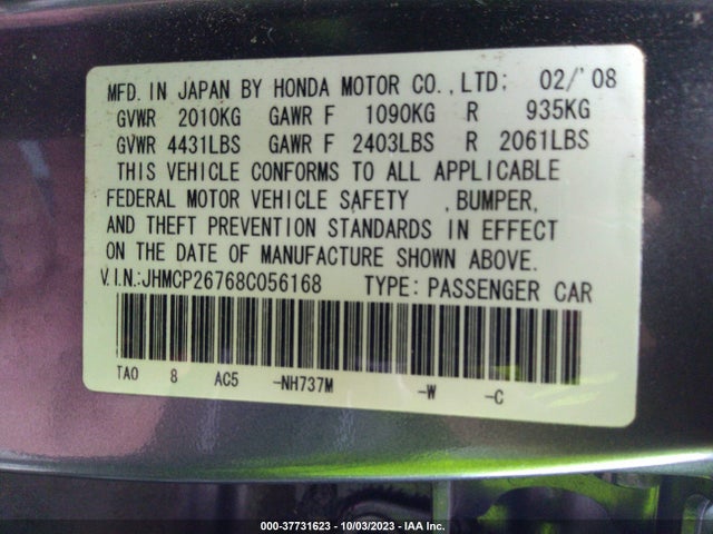2008 HONDA ACCORD 2.4 EX VIN: JHMCP26768C056168