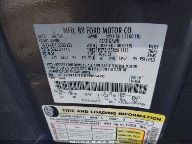 1FTFW1CTXEFB61478 Ford F-150 Platinum