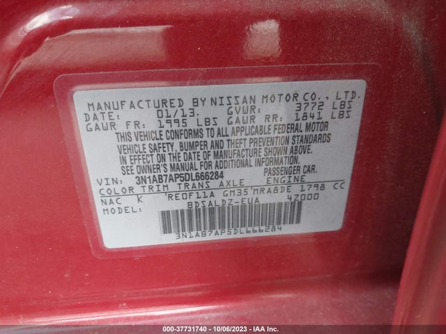2013 NISSAN SENTRA SV VIN: 3N1AB7AP5DL666284
