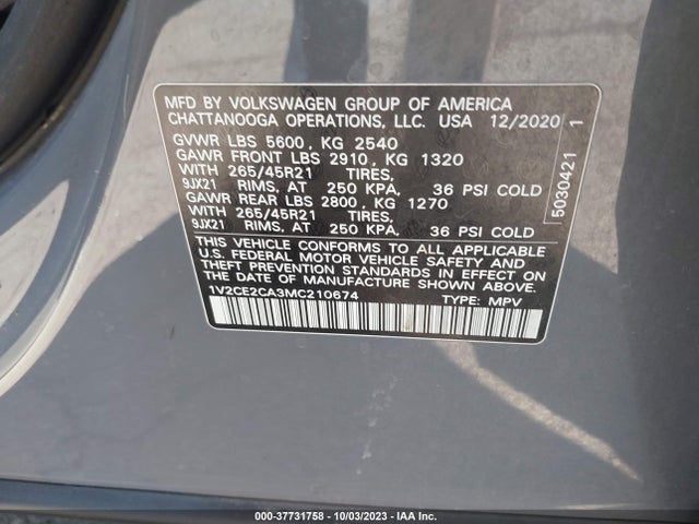 2021 VOLKSWAGEN ATLAS CROSS SPORT 3.6L V6 SEL R-LINE VIN: 1V2CE2CA3MC210674