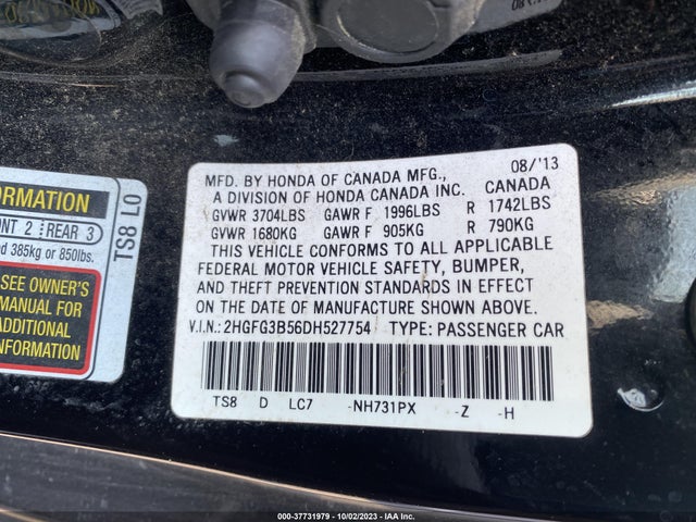 2013 HONDA CIVIC CPE LX VIN: 2HGFG3B56DH527754