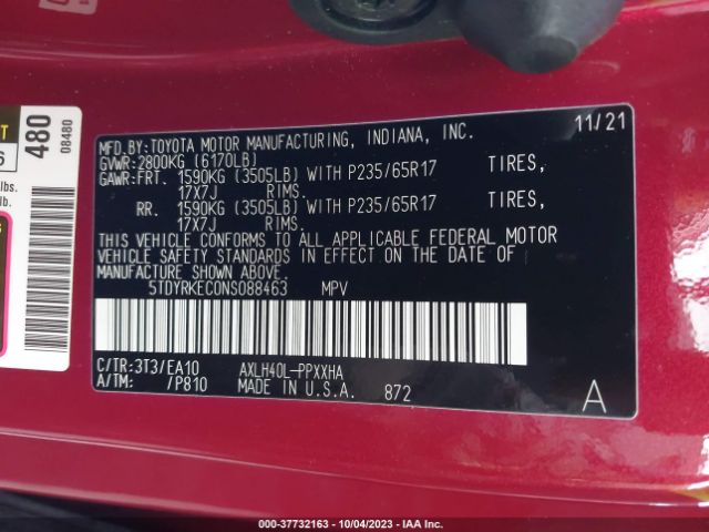 5TDYRKEC0NS088463 Toyota SIENNA XLE
