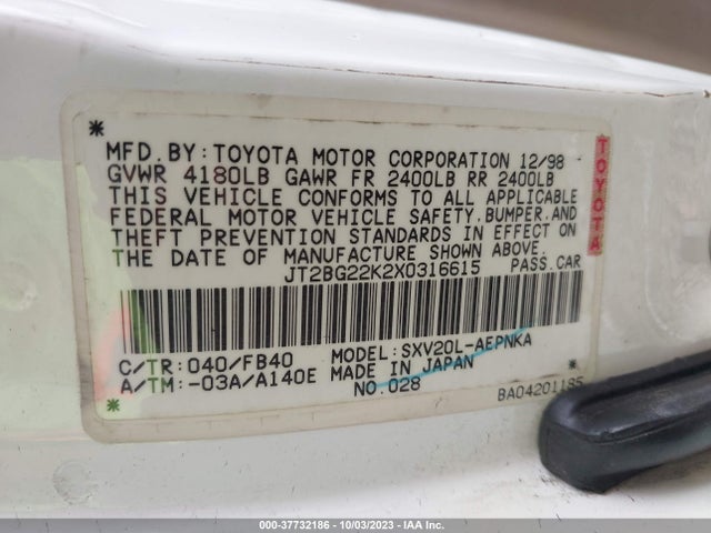 1999 TOYOTA CAMRY LE/XLE/CE VIN: JT2BG22K2X0316615