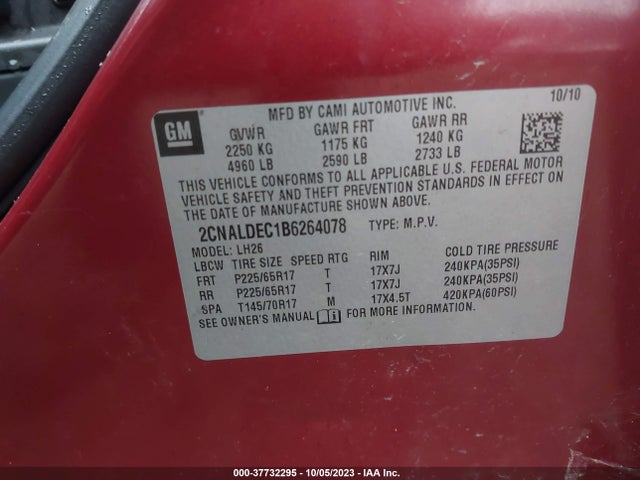 2011 CHEVROLET EQUINOX LT W/1LT VIN: 2CNALDEC1B6264078