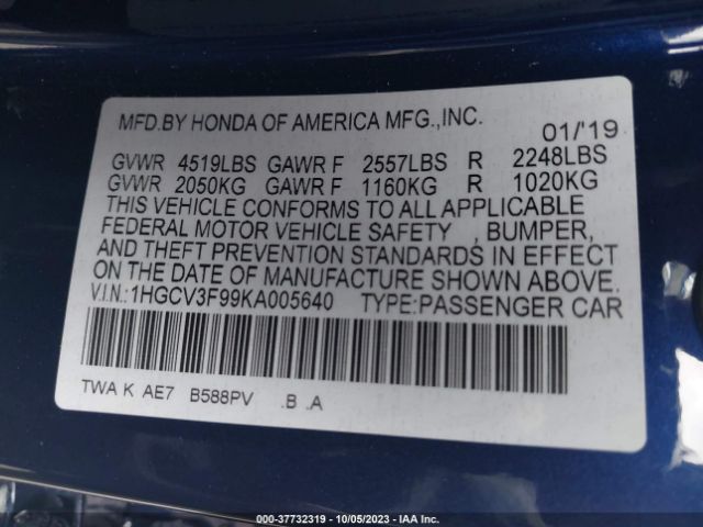 1HGCV3F99KA005640 Honda Accord Hybrid Touring