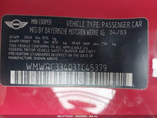 2003 MINI COOPER HARDTOP WMWRC33403TC45379 Photo 8