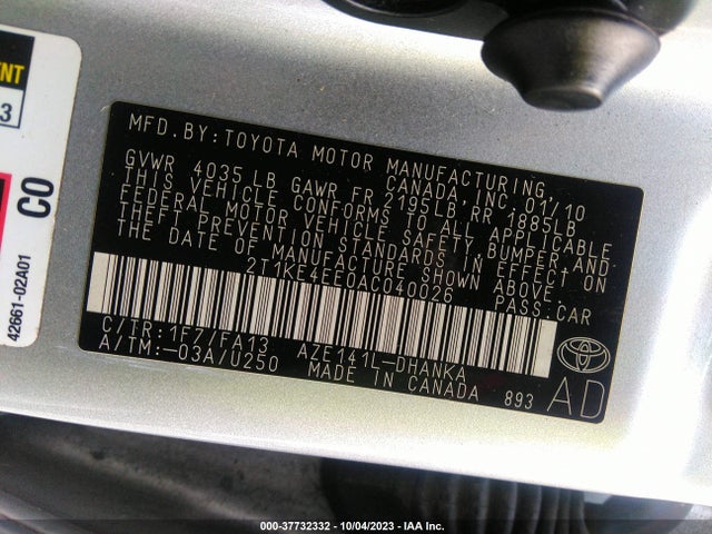 2010 TOYOTA MATRIX S VIN: 2T1KE4EE0AC040026