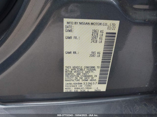 Продажа на аукционе авто 2022 Nissan Altima 2.5 Sv, vin: 1N4BL4DV8NN359657, номер лота: 37732343