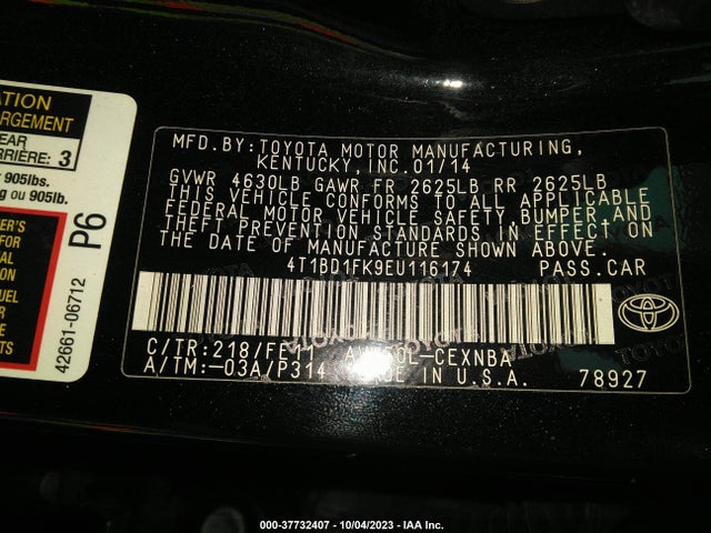 2014 TOYOTA CAMRY HYBRID LE VIN: 4T1BD1FK9EU116174