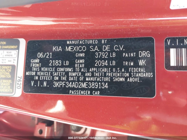 2021 KIA FORTE GT LINE VIN: 3KPF34AD2ME389134
