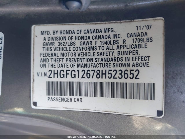 2008 HONDA CIVIC CPE LX VIN: 2HGFG12678H523652